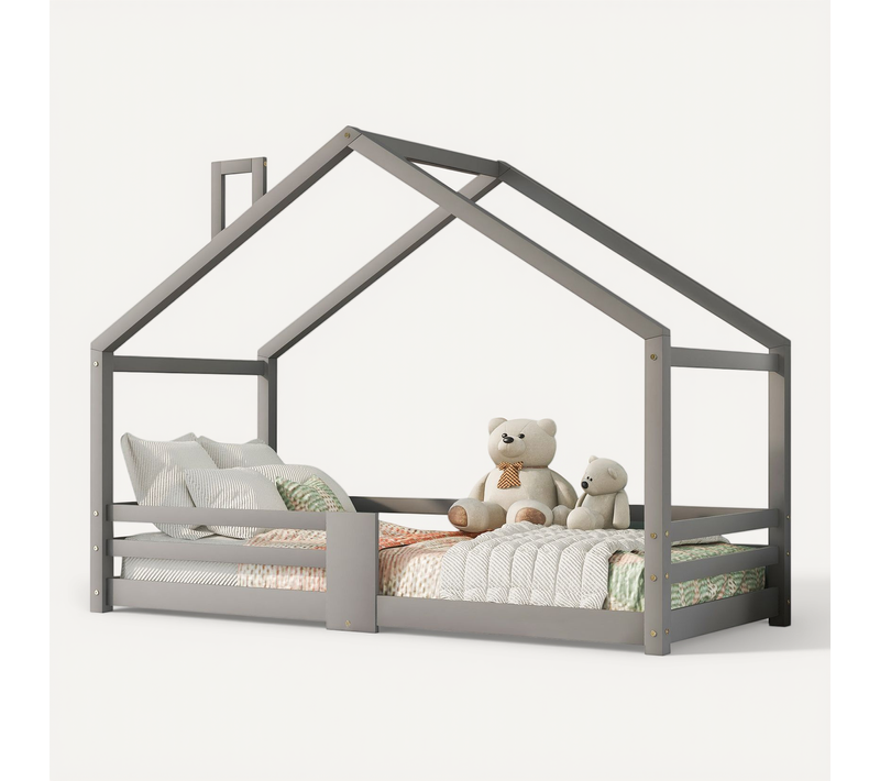 Lit Cabane Enfant 90x200 Cm En Bois De Pin, Avec Cheminée Et Barrière Anti-chute – Gris