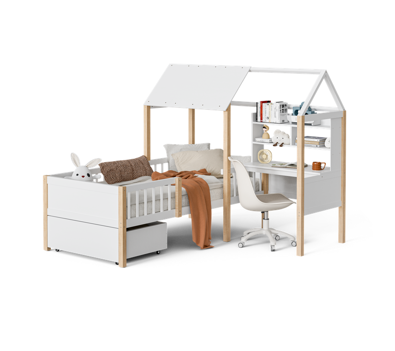 Lit Enfant Mi-haut 90x200 Cm Avec Bureau, Bibliothèque, Tiroirs, Sommier, Blanc