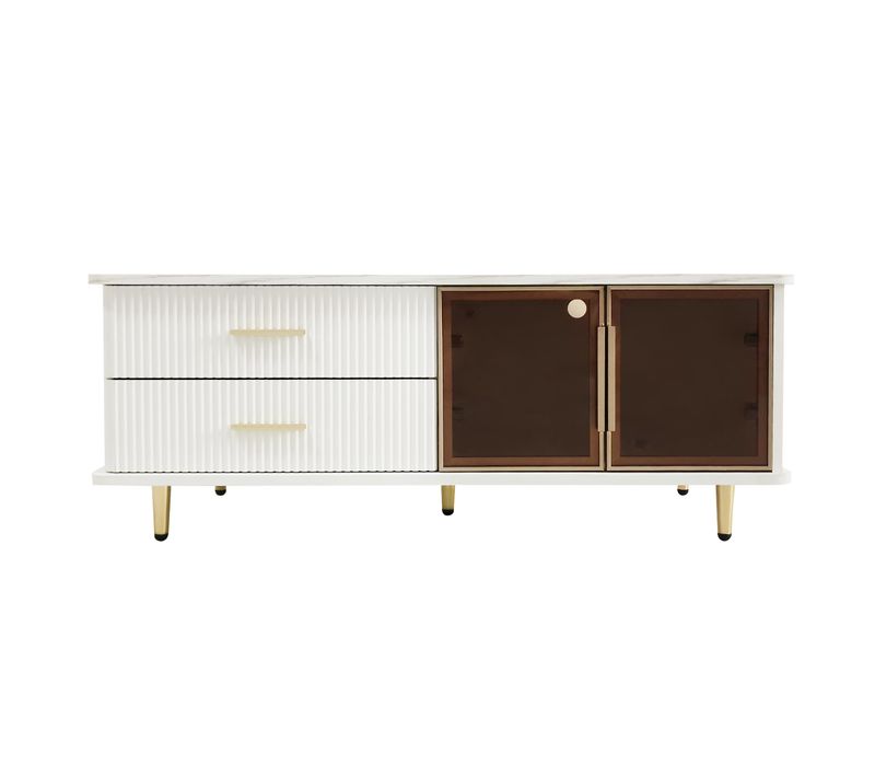Table Basse Moderne 100x50x40cm, Avec Éclairage LED, 2 Tiroirs, 2 Portes En Verre Trempé, Blanche