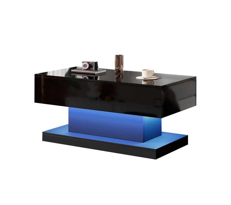 Table Basse Relevable Noire Avec Éclairage LED Et Espace De Rangement, Design Coulissant Latéral