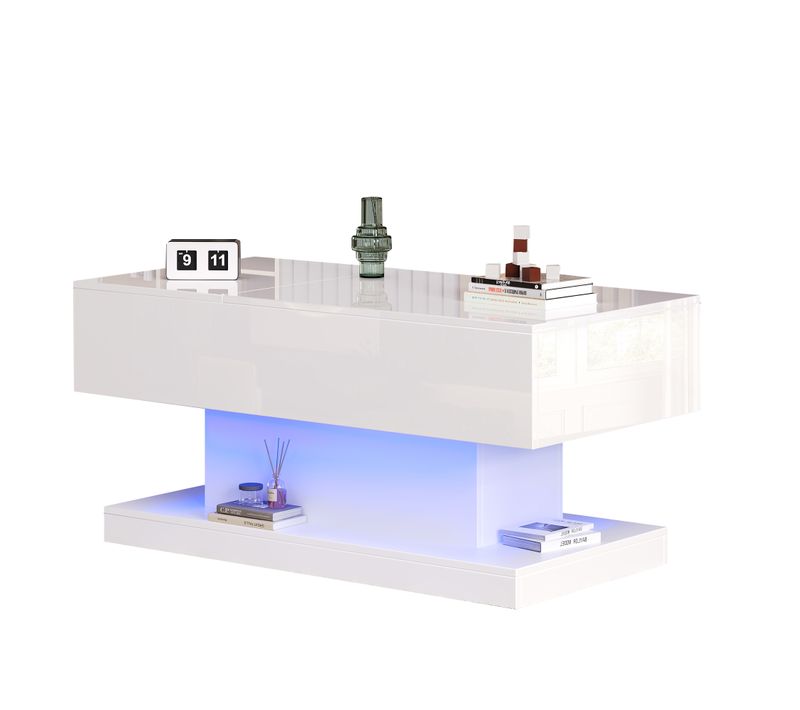Table Basse Relevable Avec Éclairage LED Et Espace De Rangement, Design Coulissant Latéral, Blanc