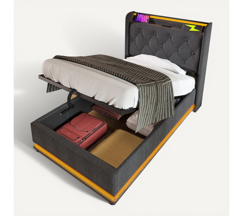 Lit Coffre Enfant Avec Tête De Lit Rembourrée, Avec LED, USB Et Type-c, 90x200, En Lin Gris