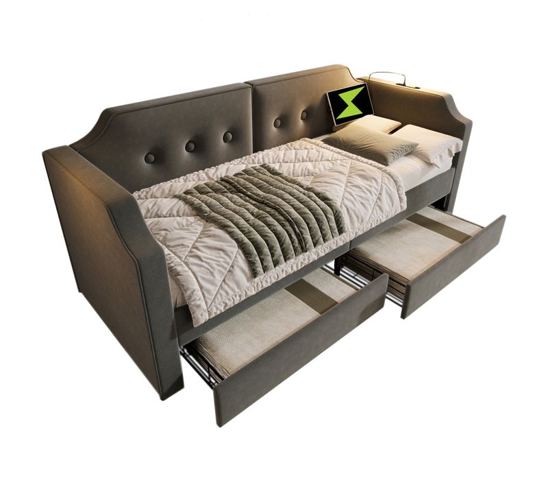 Lit Banquette 90x200 Cm Avec 2 Tiroirs, Port USB-c, Liseuse LED – Structure En Velours Gris
