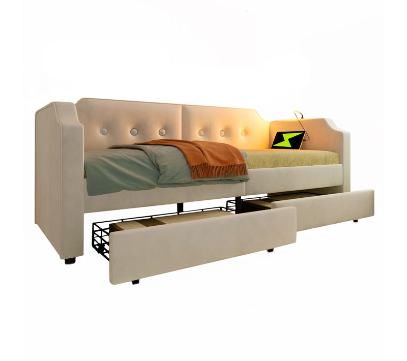 Lit Banquette 90x200 Cm Avec 2 Tiroirs, Port USB-c, Liseuse LED – Structure En Velours Beige
