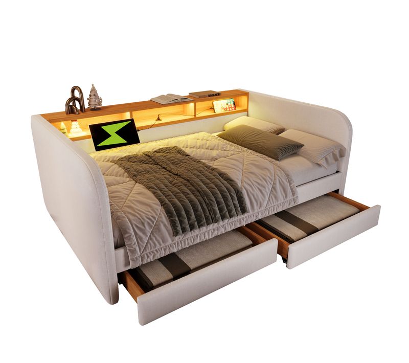 Lit 140x190 Cm Avec LED, Ports USB-c, 2 Tiroirs, Tête De Lit Avec Rangement, Beige