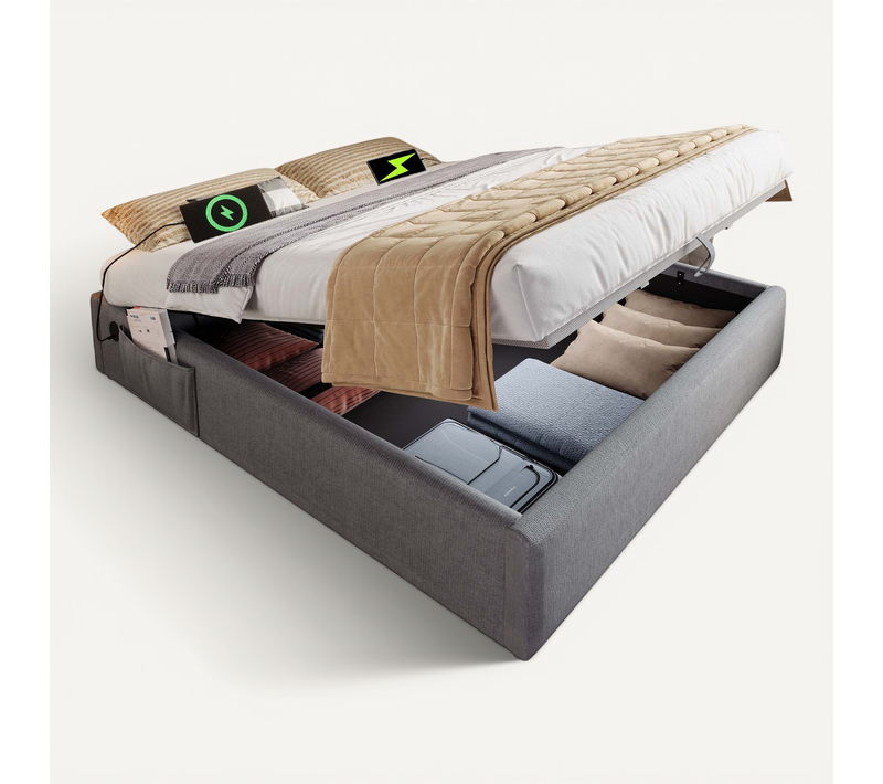 Lit Coffre 140x200 Cm Avec Port USB-c, Sommier Bois, Tissu Gris