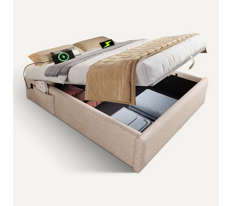 Lit Coffre 160x200 Cm Avec Port USB-c, Sommier Bois, Tissu Naturel