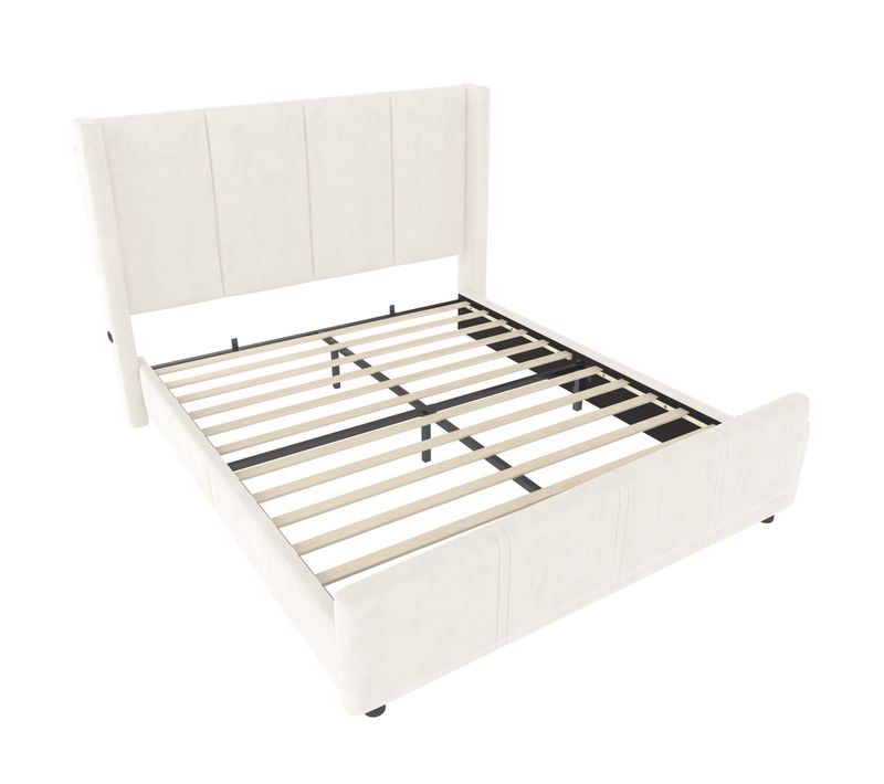 Lit Adulte 140×200 Cm Avec Tête Et Pied De Lit Hauts, USB Intégré, Cadre Métal/bois, Velours Beige