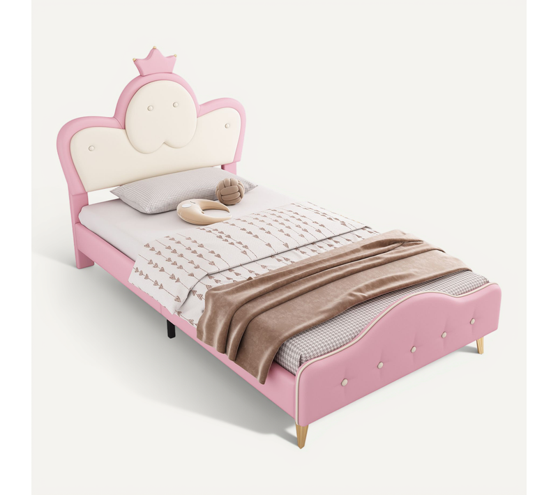 Lit Enfant 90x200 Cm Avec LED, Tête De Lit Couronne, Rembourré Pu Rose Et Blanc, Design Princesse