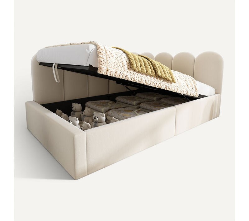 Lit Banquette 90x190 Cm Beige, Velours, Rangement Hydraulique, Style Enfant, Sommier Métal