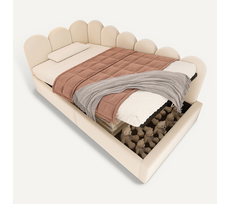 Lit Banquette 90x200 Cm Beige, Velours, Rangement Hydraulique, Style Enfant, Sommier Métal