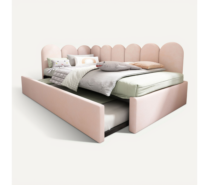 Lit Enfant Gigogne 90x200 Cm Rose En Velours, Sommier Inclus