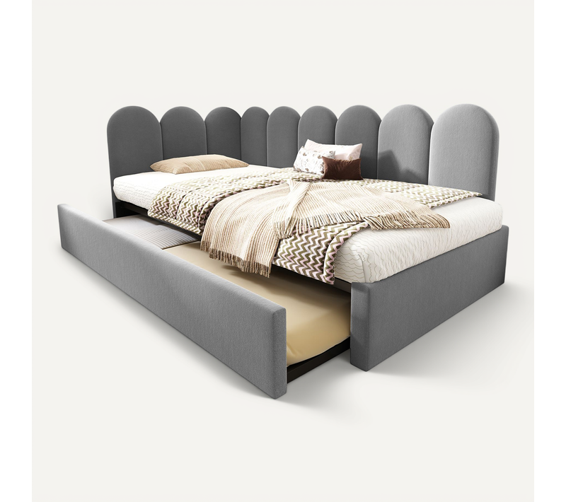 Lit Enfant Gigogne 90x200 Cm Gris En Velours, Sommier Inclus