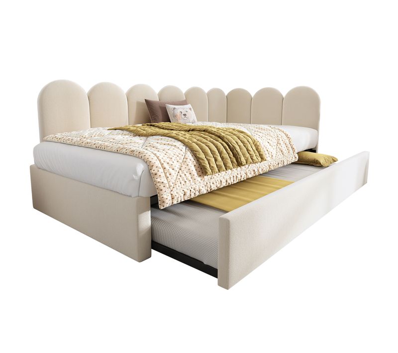 Lit Enfant Gigogne 90x200 Cm Beige En Velours, Sommier Inclus