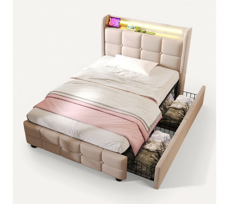 Lit Enfant 90x200 Cm Avec Ports USB Et Prises, LED, 2 Tiroirs, Tête De Lit Avec étagère, Beige
