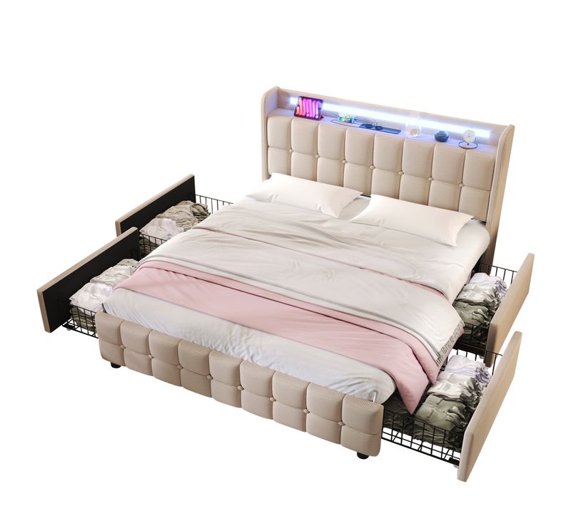 Lit Adulte 180x200 Cm Avec Prises USB, LED, 4 Tiroirs, Tête De Lit, Beige