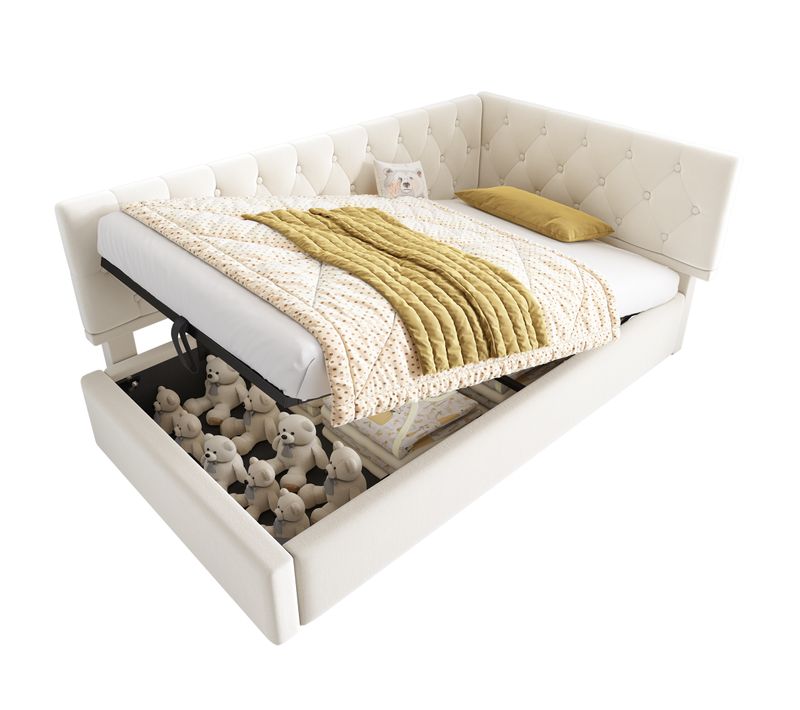 Lit Enfant Banquette 90x200 Cm Avec Rangement, Structure En Métal, Velours Beige