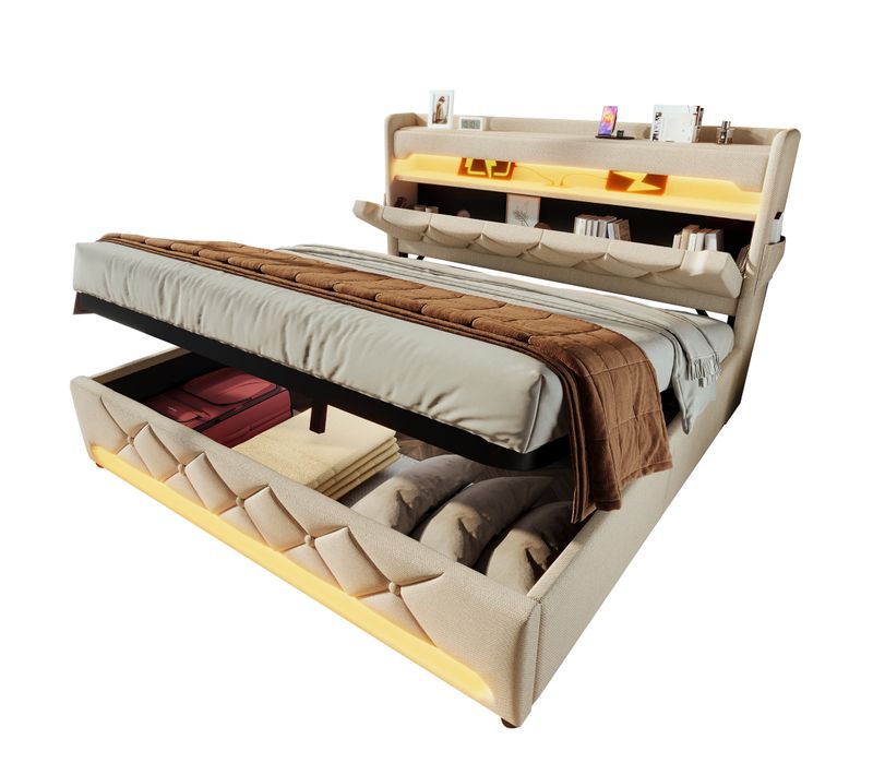 Lit Coffre Adulte 180x200 Cm Beige Tissu Lin Avec LED + USB-c, Hydraulique, Sommier à Lattes