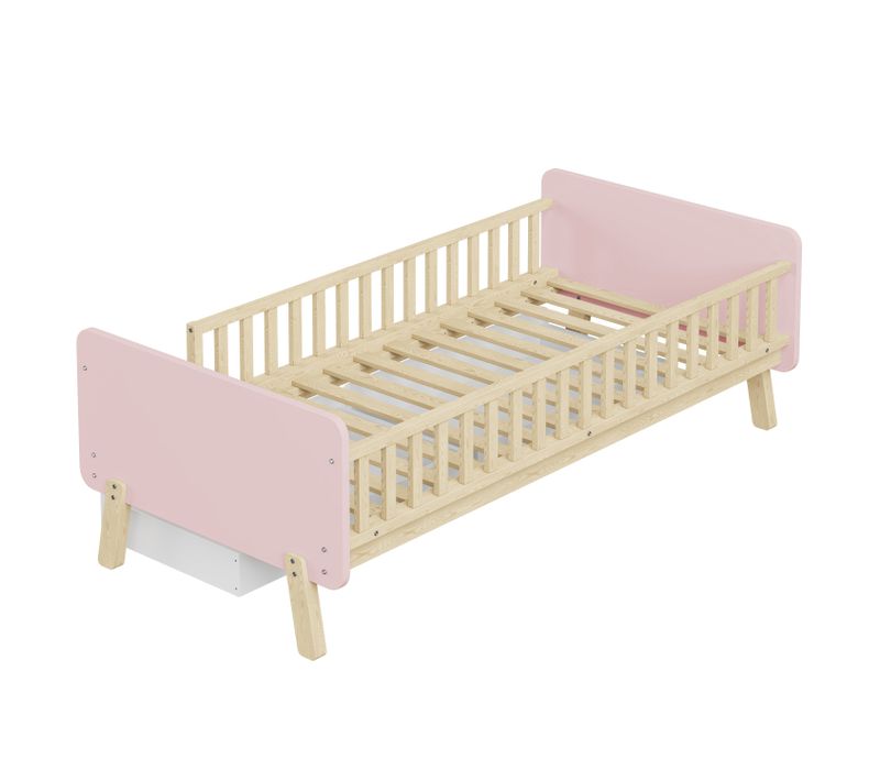 Lit Enfant 90x190 En Bois Rose Avec 2 Tiroirs De Rangement, Sommier Inclus