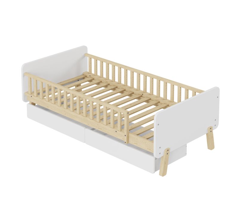 Lit Enfant 90x190 En Bois Blanc Avec 2 Tiroirs De Rangement, Sommier Inclus