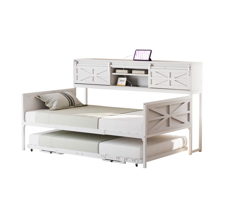 Lit Enfant Banquette 90x200 Cm Avec Lit Gigogne, Prises USB, Métal Blanc Et Bois