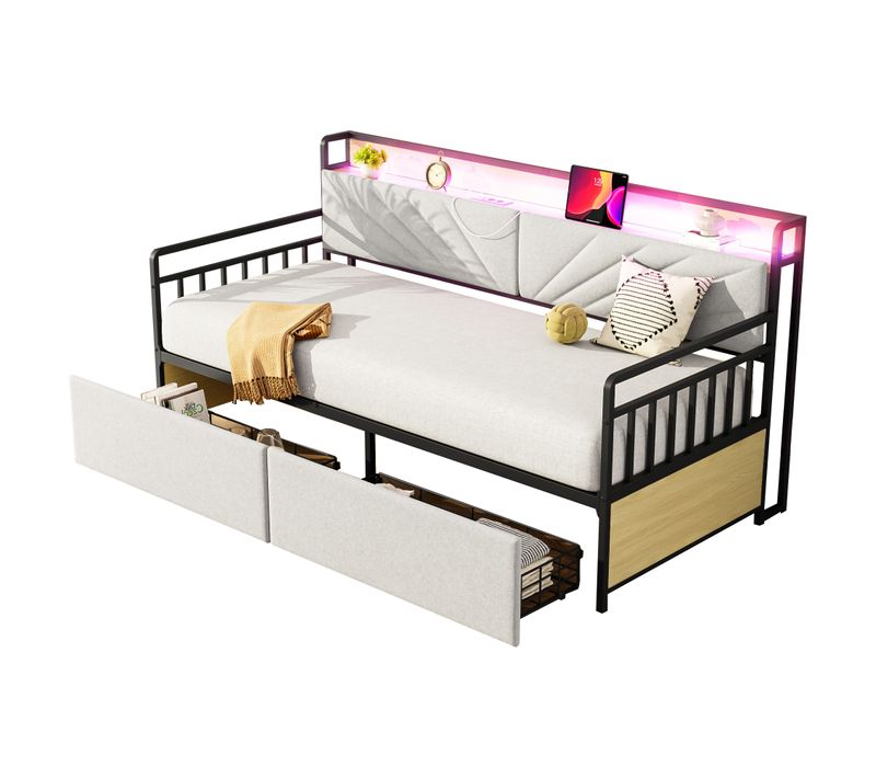Lit Enfant Banquette En Métal 90x200 Cm Avec Tiroirs, Étagères LED Et Prises, Beige