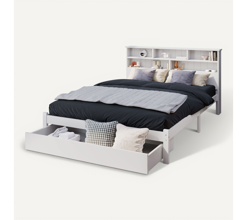 Lit Adulte 140x200 Cm En Bois Avec Tiroirs Rangements Et Tête De Lit Bibliothèque, Blanc