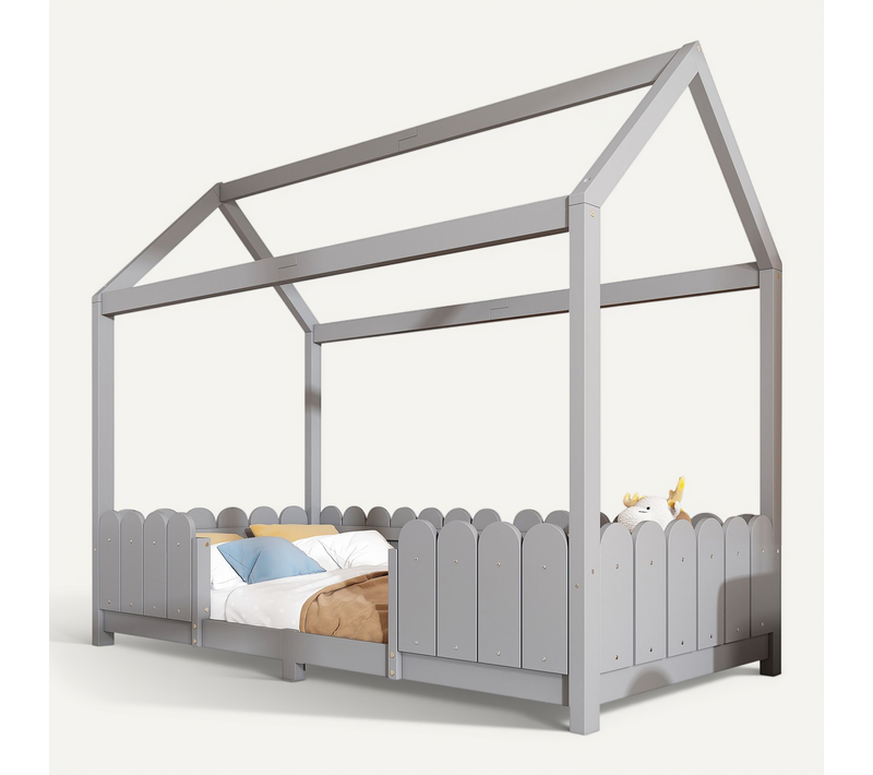 Lit Enfant Cabane 90x200 Cm En Bois Avec Barrière Anti-chute Et Sommier, Gris