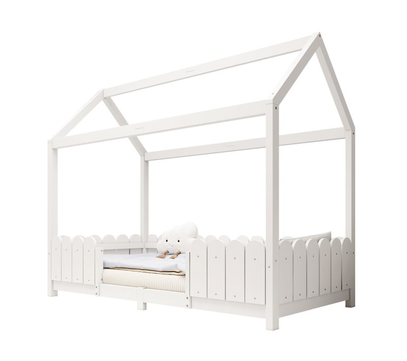 Lit Enfant Cabane 90x200 Cm En Bois Avec Barrière Anti-chute Et Sommier, Blanc