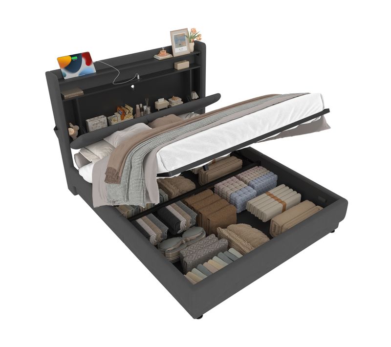 Lit Coffre Adulte 160x200 Cm Avec LED, Rangement, Ports USB, Velours Gris