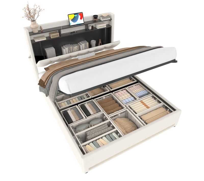 Lit Coffre Adulte 140x200 Cm Tissu Velours Avec LED, Ports USB-c, Tête Relevable, Rangement, Beige
