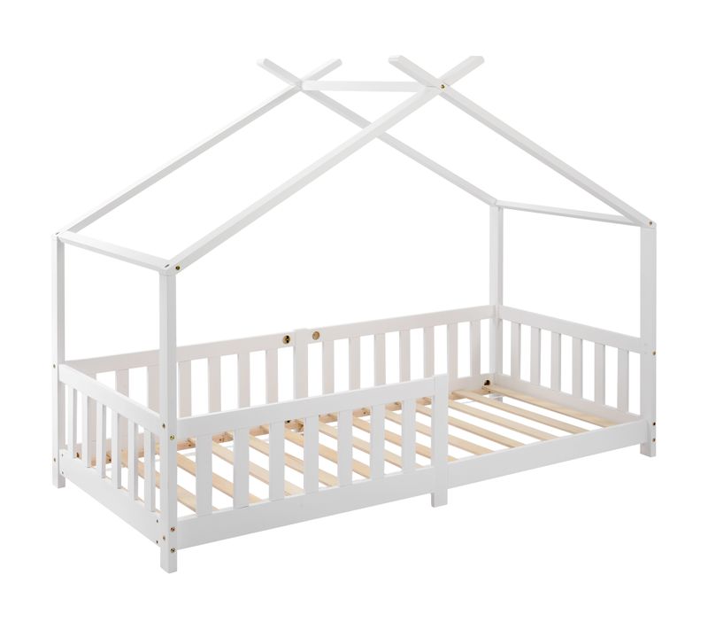 Lit Cabane Enfant 90x200 Cm En Bois Avec Barrières Et Sommier, Style Maison – Blanc