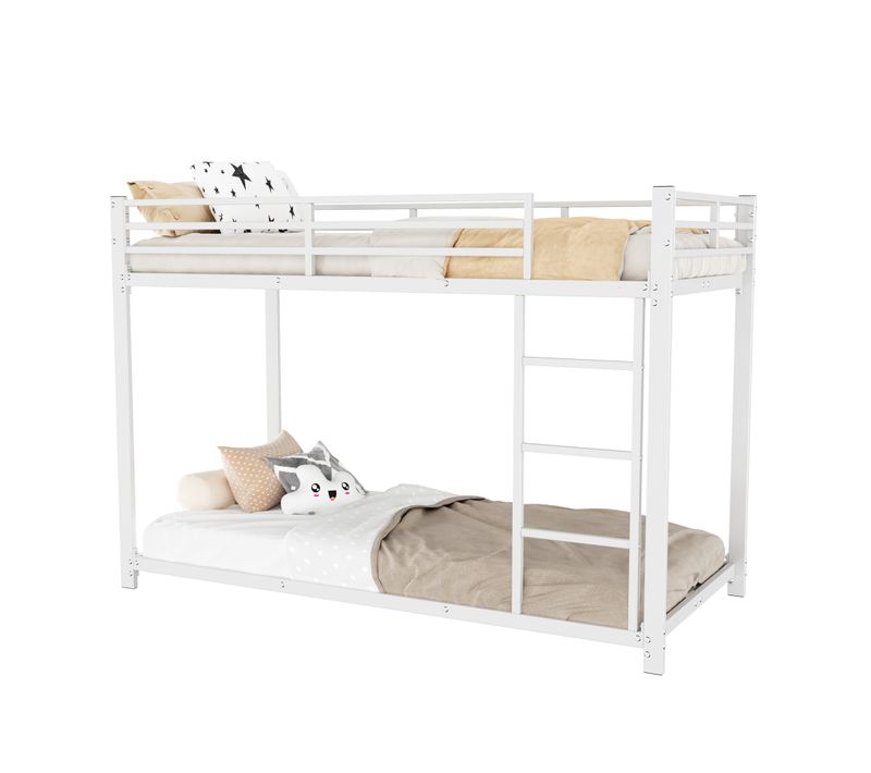 Lit Superposé 90x200 Cm En Métal Pour Enfants, Structure Solide Avec Barrière De Sécurité, Blanc