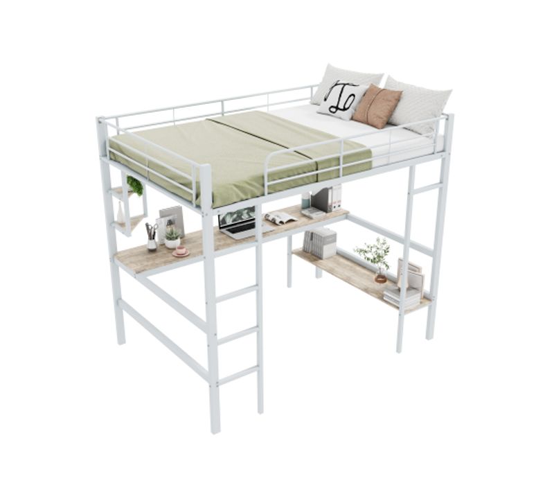 Lit Adulte Mezzanine 140x200cm Avec Bureau, 4 Étagères Et Bibliothèque, Métal, Blanc