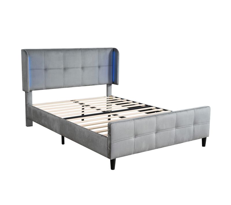 Lit Adulte LED 140x200 Cm En Velours Gris, Tête Réglable, Capitonné, 16 Couleurs