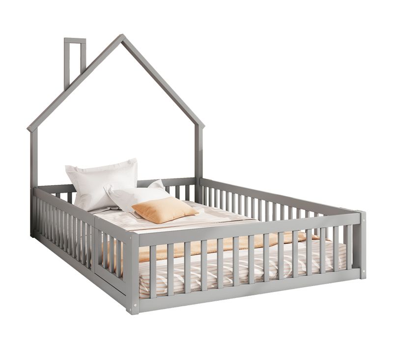 Lit Enfant 140x200 Cm En Bois Gris Avec Cheminée Décorative Et Barrières De Sécurité