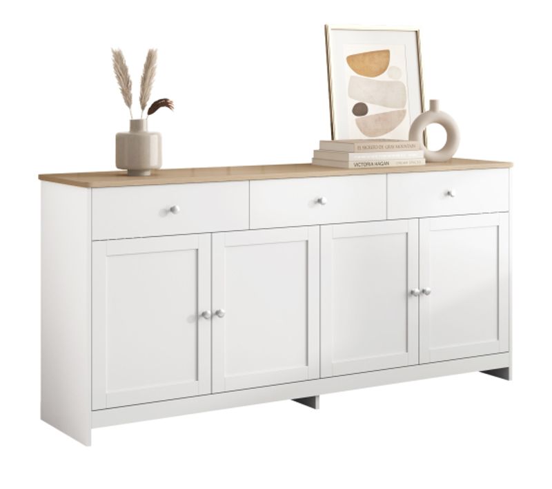 Buffet Pour Salon Et Cuisine, Avec 4 Portes Et 3 Tiroirs, MDF, Blanc Et Bois