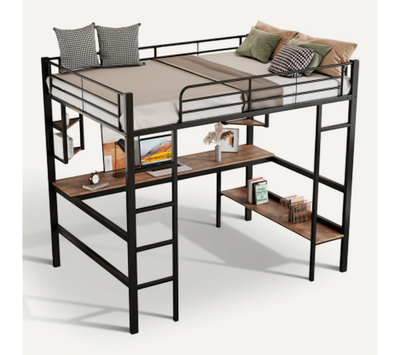 Lit Enfant Mezzanine 90x200cm, Avec Bureau, 4 Étagères Et Bibliothèque, Métal, Noir