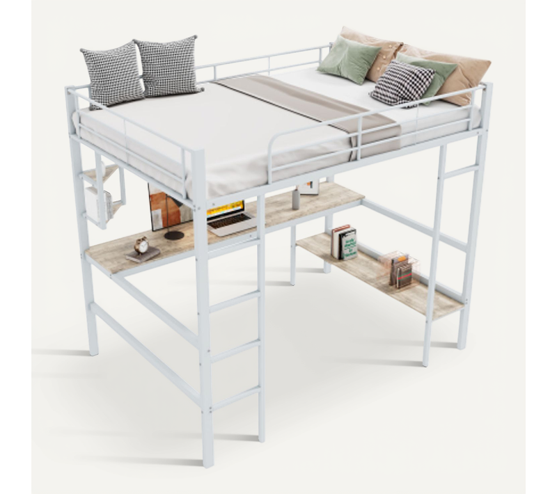 Lit Enfant Mezzanine 90x200cm, Avec Bureau, 4 Étagères Et Bibliothèque, Métal, Blanc