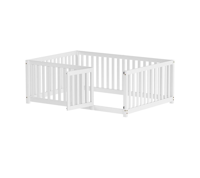 Lit Enfant 140x200 En Bois Avec Clôture Et Porte, Design Ludique, Blanc