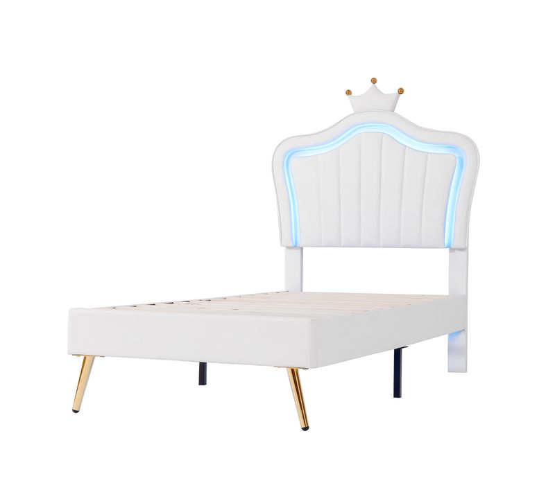 Lit Enfant 90x200 En Pu Cuir Avec Couronne LED, Design Coquille Et Sommier Inclus, Blanc