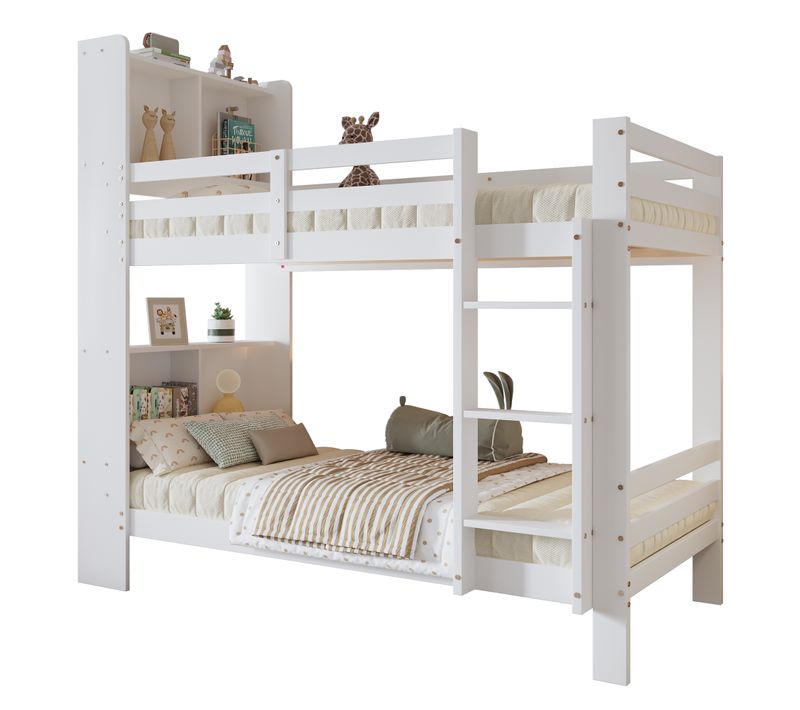 Lit Superposé 90x200 Cm Avec Étagères, Rangement Intégré, En Bois, Blanc