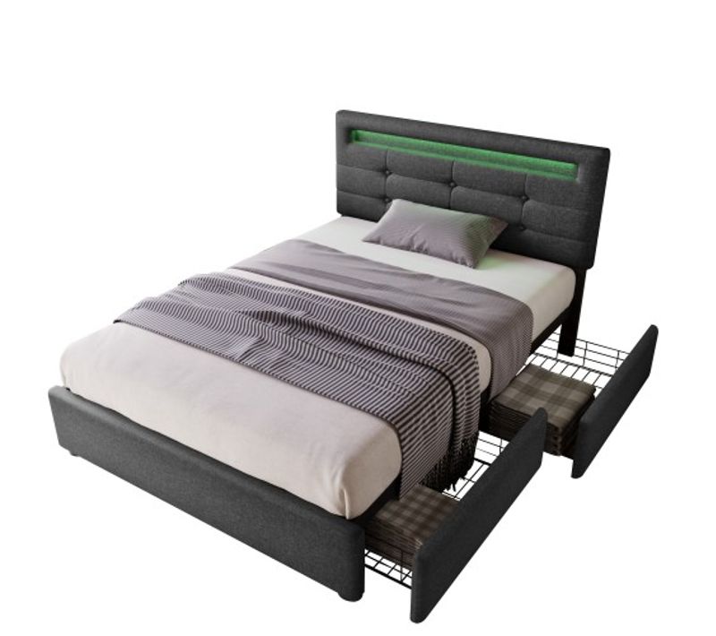 Lit Enfant 90x200cm Avec 2 Tiroirs, Cadre De Lit Avec Éclairage LED, Tête De Lit Réglable, Lin Gris