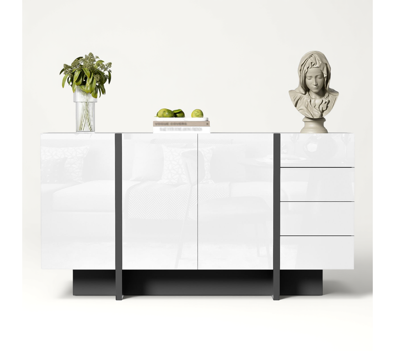 Buffet 150x40x80 Cm, Commode  4 Tiroirs, 2 Portes, En Mdf, Blanc.