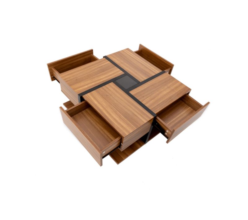 Table Basse Naturelle Avec 4 Tiroirs, Espace De Rangement En Dessous. 78 X 78 X 36 Cm