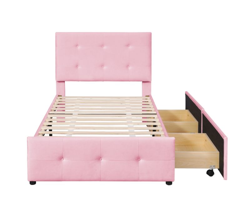Lit Enfant 90 X 200 Cm Avec 2 Tiroirs, Sommier à Lattes, Tissu Velours Doux, Rose