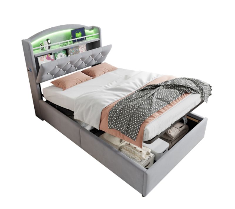Lit Coffre Enfant 90x200 Cm, Lit Multifonctionnel Avec Rangement Avec LED Et USB, En Velours, Gris