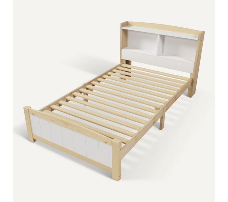 Lit Enfant 90 X 200 Cm Avec Tête De Lit Rangement, Cadre De Lit Avec Sommier, Pin, Naturel Et Blanc