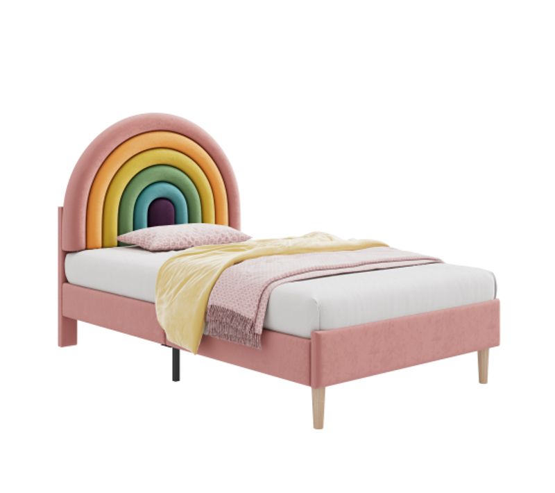 Lit Enfant 90x200 Cm Ave La Tête De Lit Réglable En Hauteur, Lit Rembourré, Velours, Rose