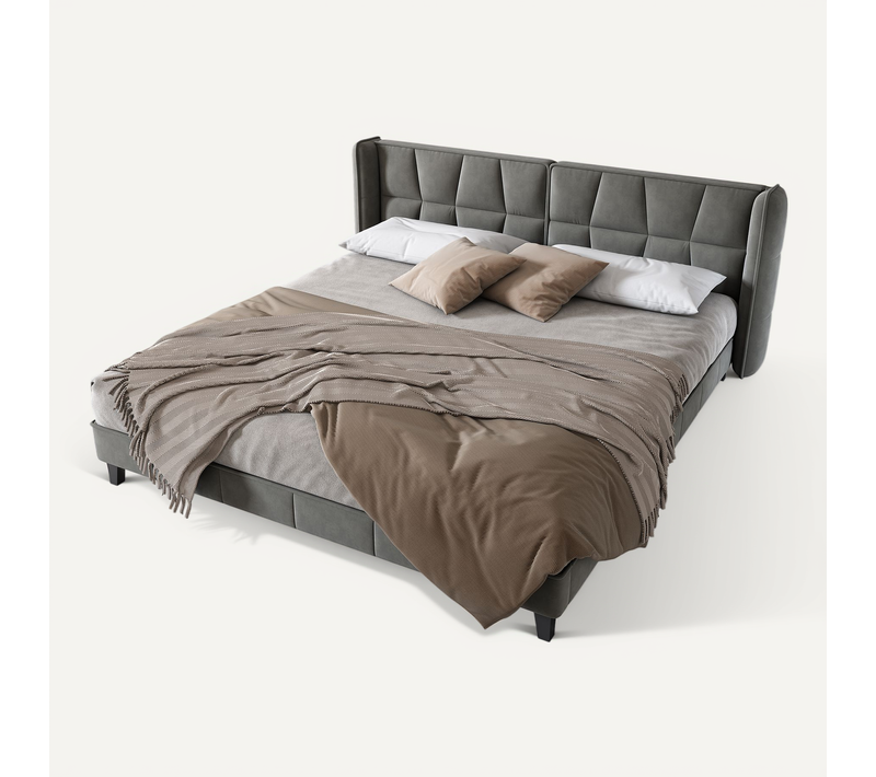 Lit Adulte 180x200 Cm, Lit Capitonné Avec Sommier à Lattes Et Tête De Lit, Velours, Gris